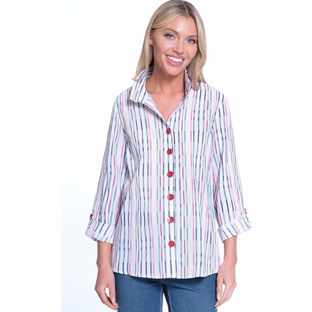 2/$30 Ali Miles Vibrant Colorful Striped Button-Down Shirt Cotton